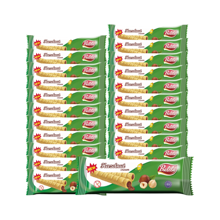 КОМПЛЕКТ 24 x Тубички с пълнеж от царевичен крем с вкус на лешници без глутен 18g - Balila